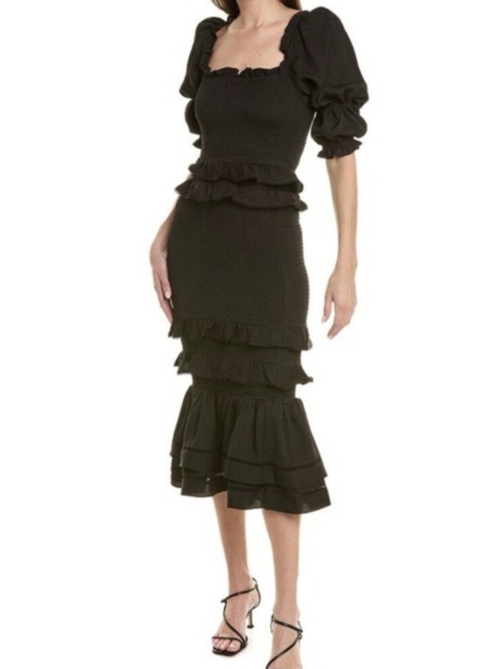 Rachel Parcell Ruched Black Ruffle-Tiered Smocked Midi Dress